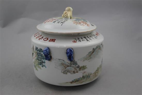 A Chinese enamelled porcelain cylindrical kamcheng and cover, 19cm